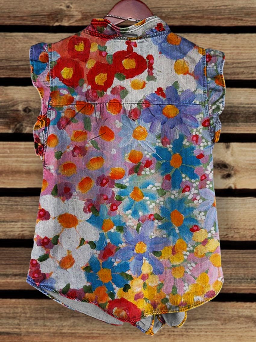 Women's Oil Painting Flower Print Ruffle Front Tank Top