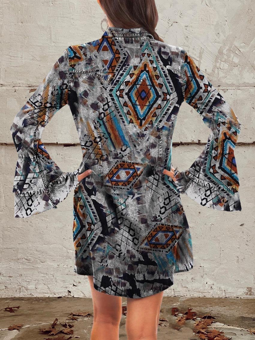 Aztec Art Print Denim Bell Sleeve Shirt Dress