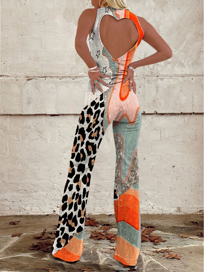 Women's Vintage Flowers Lrregular Leopard Patchwork Print Casual Denim Jumpsuit