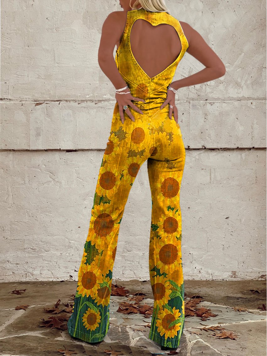Women's Vintage Sunflower Flowers Print Casual Denim Jumpsuit
