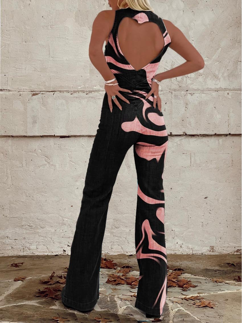 Women's Black and Pink Print Casual Denim Jumpsuit
