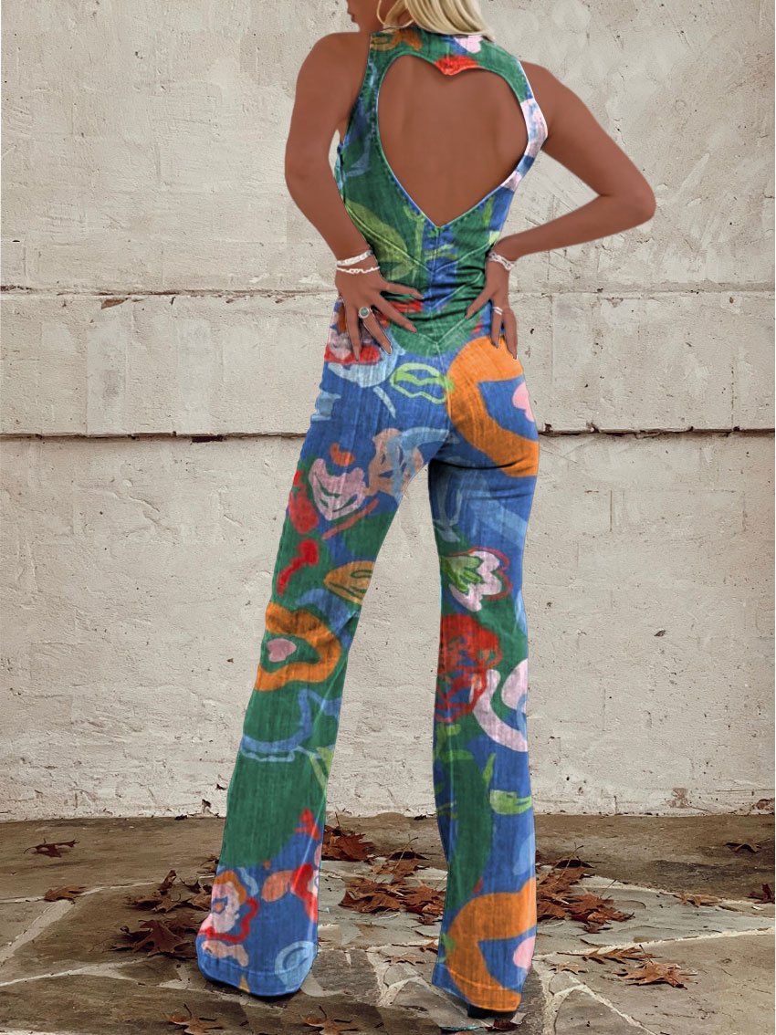 Women's Flower Print Casual Denim Jumpsuit