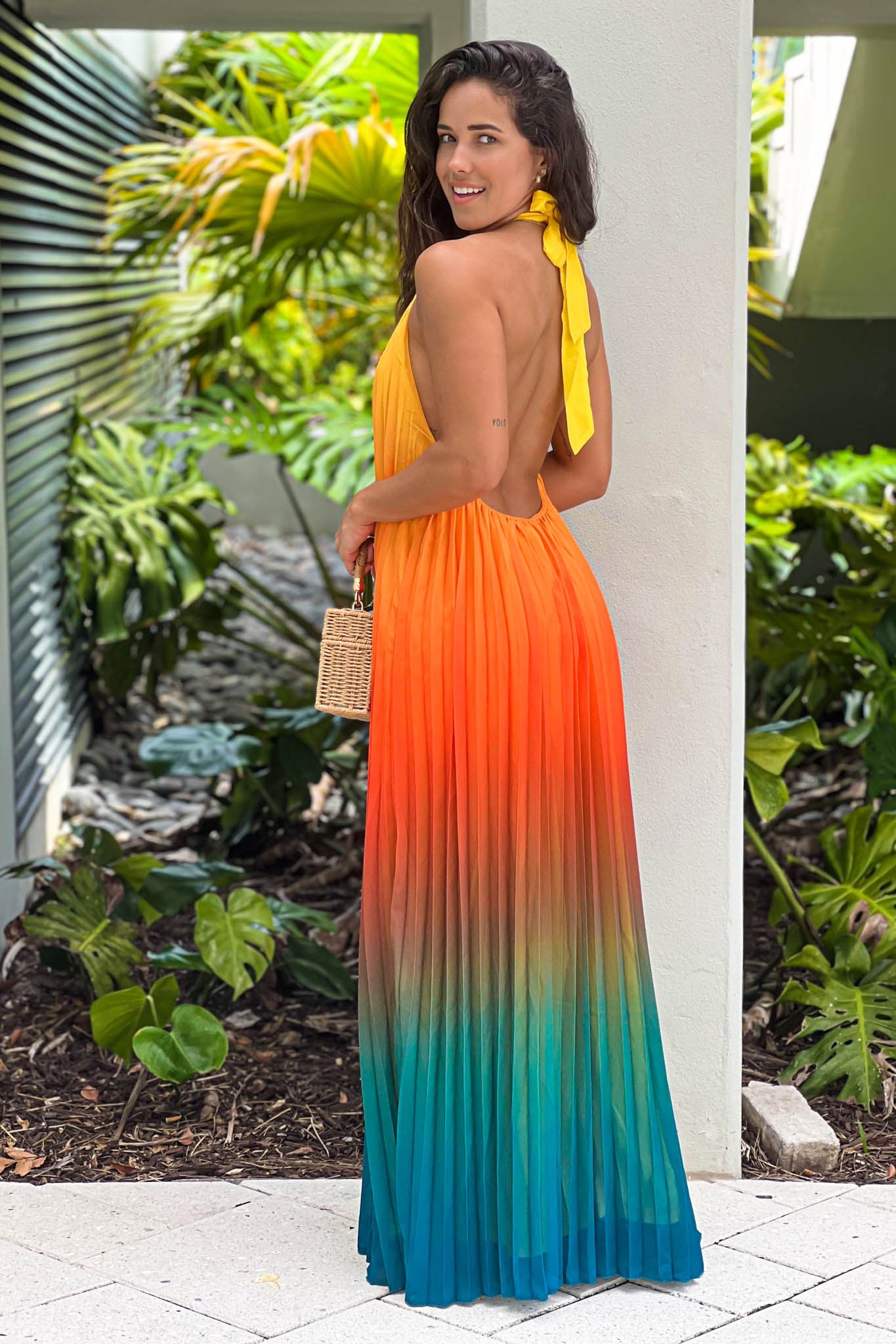 Multi Color Pleated Maxi Dress With Open Back