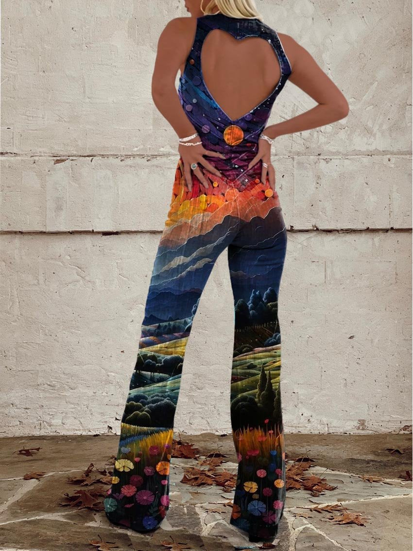 Women's Starry Field Print Casual Denim Jumpsuit
