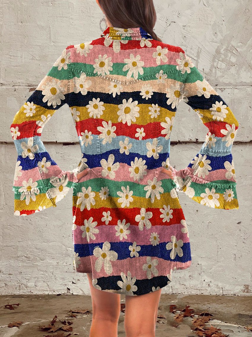Vintage Flower Daisy Art Print Denim Bell Sleeve Shirt Dress