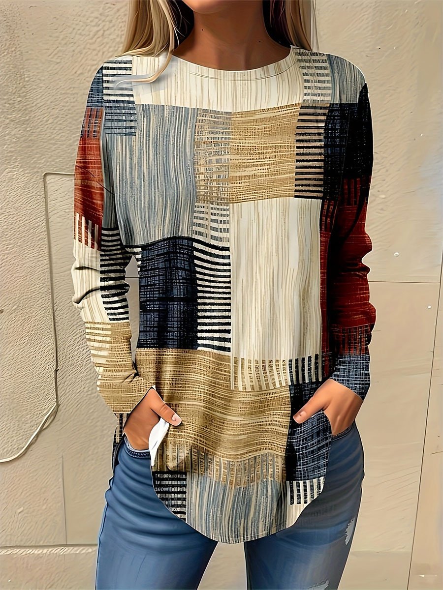 Women's Vintage Geometric Stripe Print Long-Sleeved T-Shirt