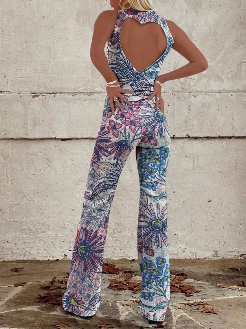 Women's Seamless Hand-painted Style Flowers Print Casual Denim Jumpsuit
