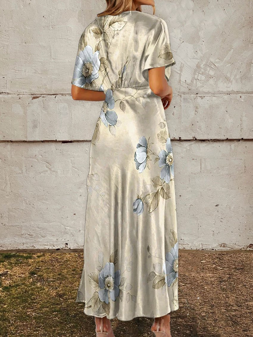 Women's Vintage Flower Print Linen Pocket Tunic Dress
