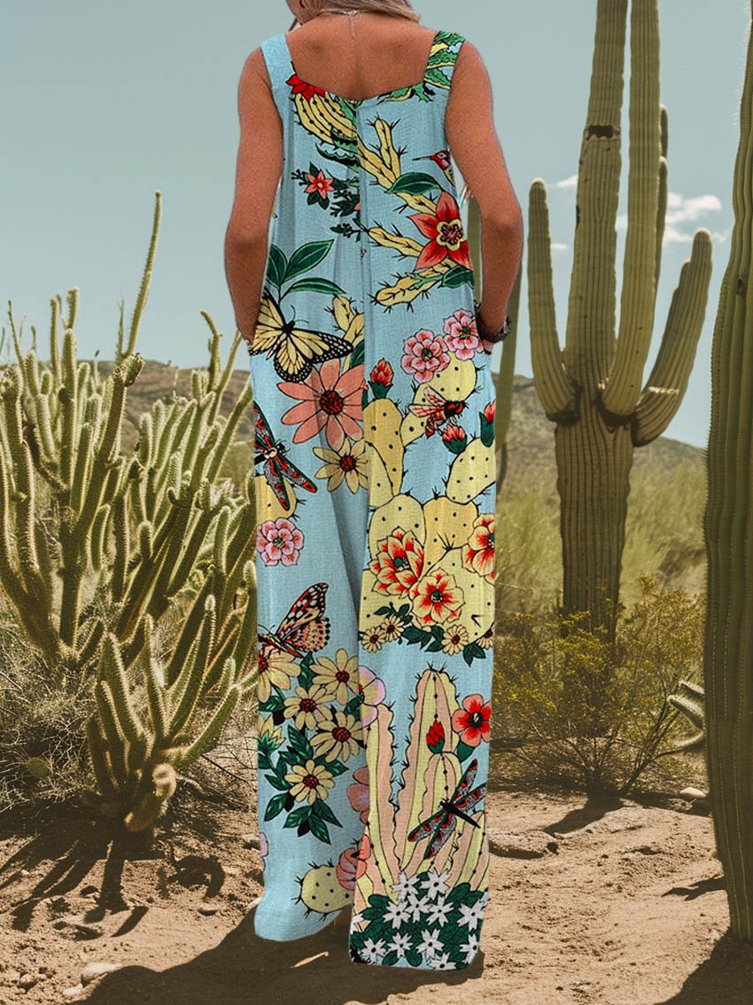 Women's Hacienda Cactus Print Casual Strap Wide Leg Pants