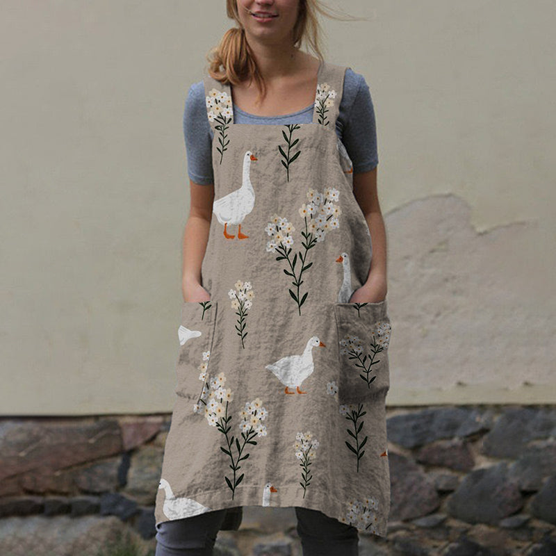 Farm Goose Floral Print Pocket Apron Midi Dress