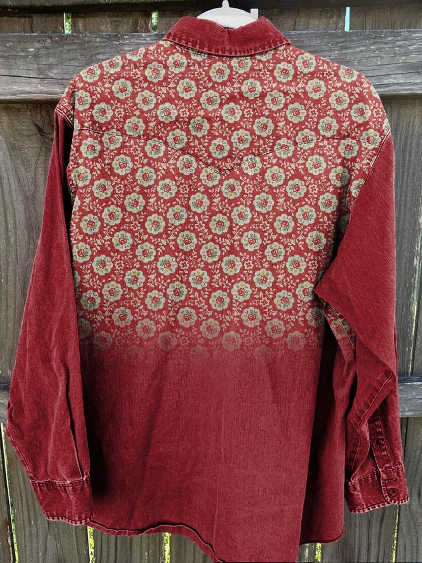Vintage Red Flower Print Casual Shirt