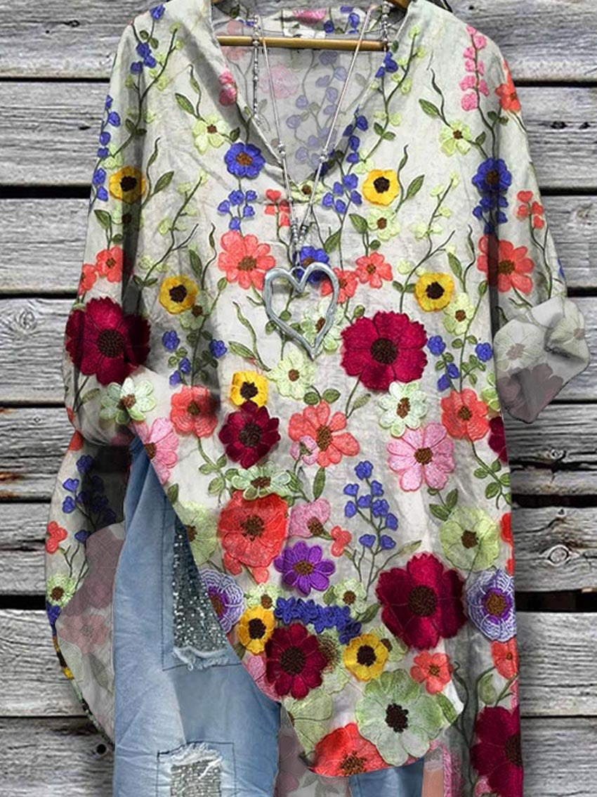 Women's Flowers Print Casual Cotton And Linen Shirt Dress