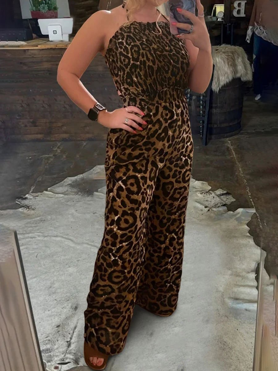 Women's Leopard Print Halterneck Pleated Bandeau Wide-Leg Jumpsuit