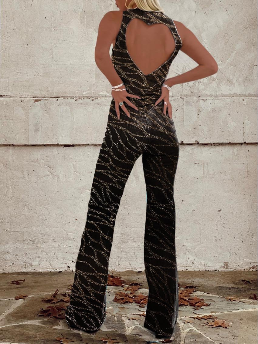 Women's Gold Stripes On Black Background Print Casual Denim Jumpsuit