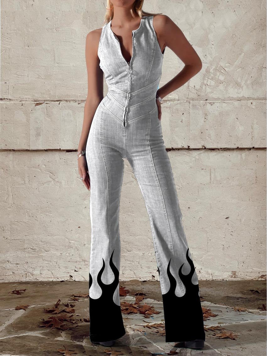 Women's Black Flame On White Background Print Casual Denim Jumpsuit
