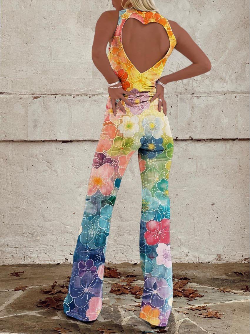 Women's Colorful Bright Flowers Print Casual Denim Jumpsuit