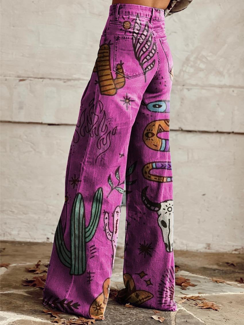 Women's Purple Western Element Print Casual Wide Leg Pants