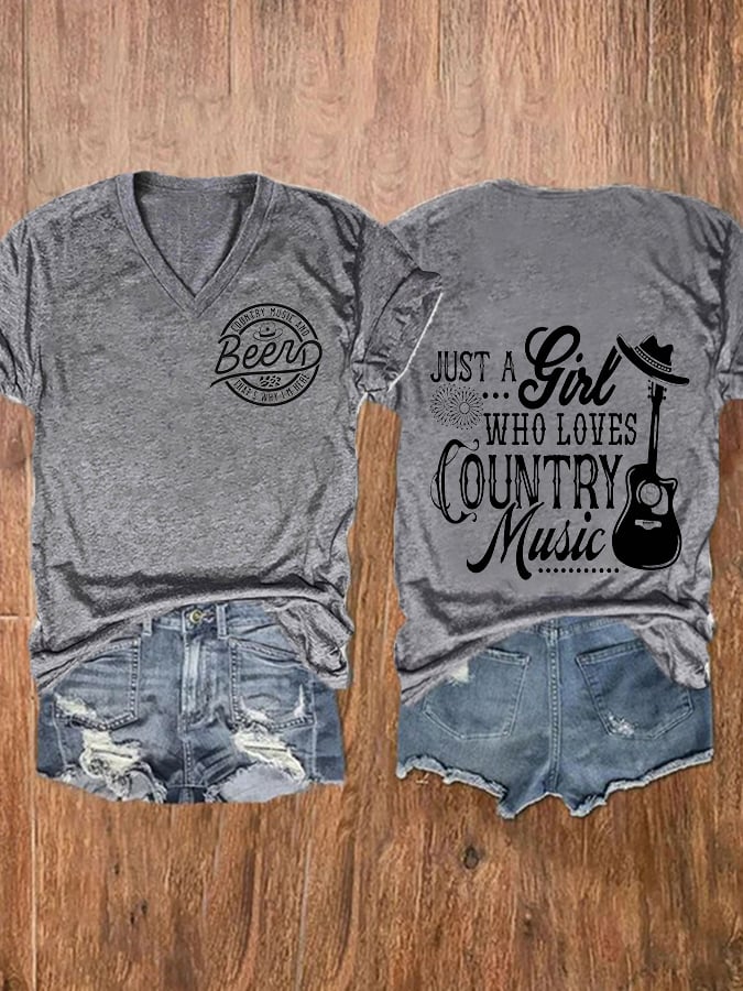 Women's Country Music and Beer Print V-Neck Casual T-Shirt