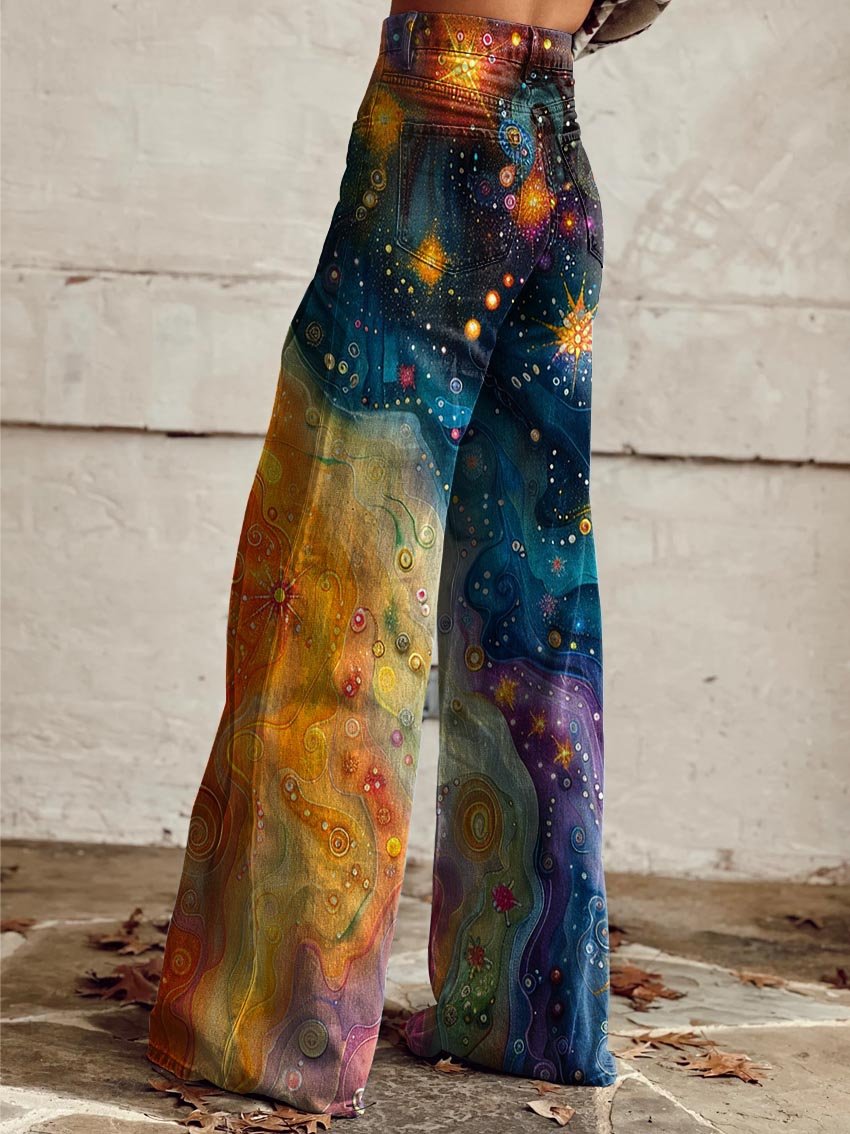 Women's Colorful and Dreamy Starry Sky Print Casual Wide Leg Pants