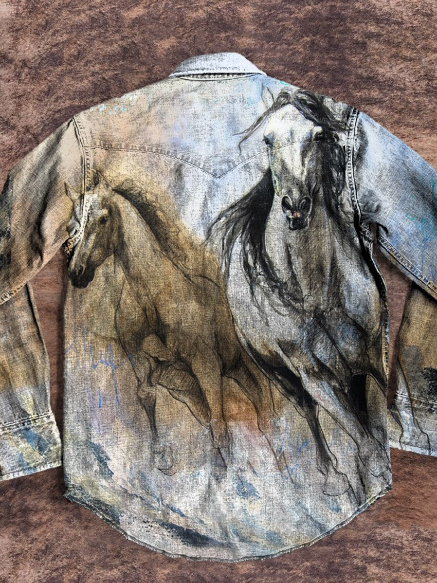 Vintage Western Horses Art Pattern Print Casual Shirt