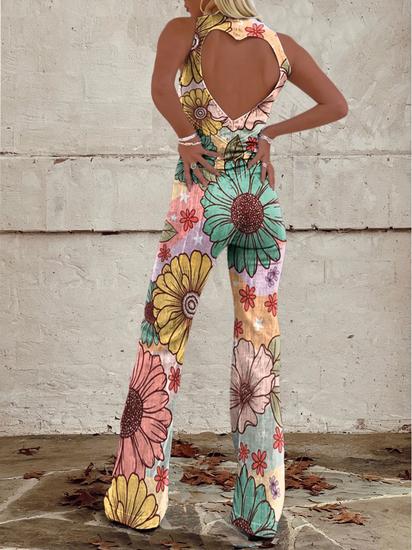 Women's Vintage Flowers Print Casual Denim Jumpsuit