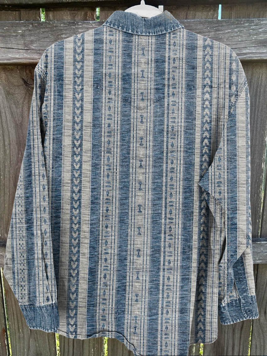 Men's Blue and Gray Stripes Vintage Stripe Print Casual Shirt