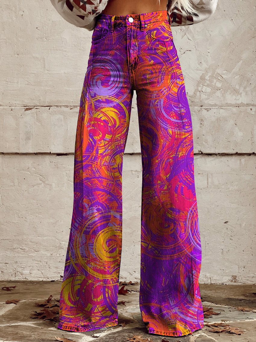Bright Color Swirls Pattern Printed Casual Wide Leg Pants