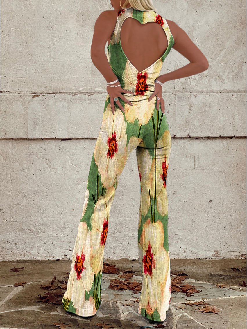 Women's Vintage Flower Print Casual Denim Jumpsuit