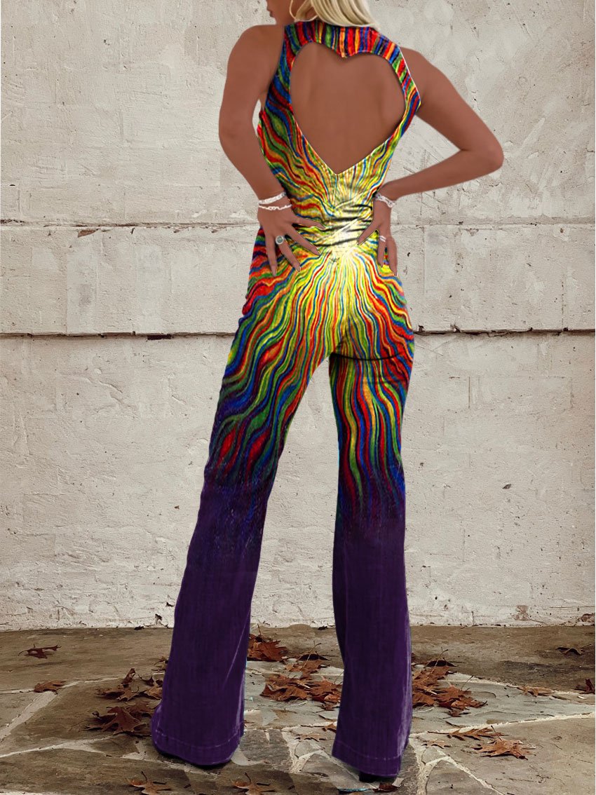 Women's Vintage Colorful Abstract Burning Sun Art Print Casual Denim Jumpsuit