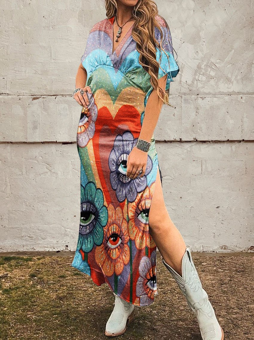 Women's Vintage Hippie Rainbow Flower Print Linen Pocket Tunic Dress