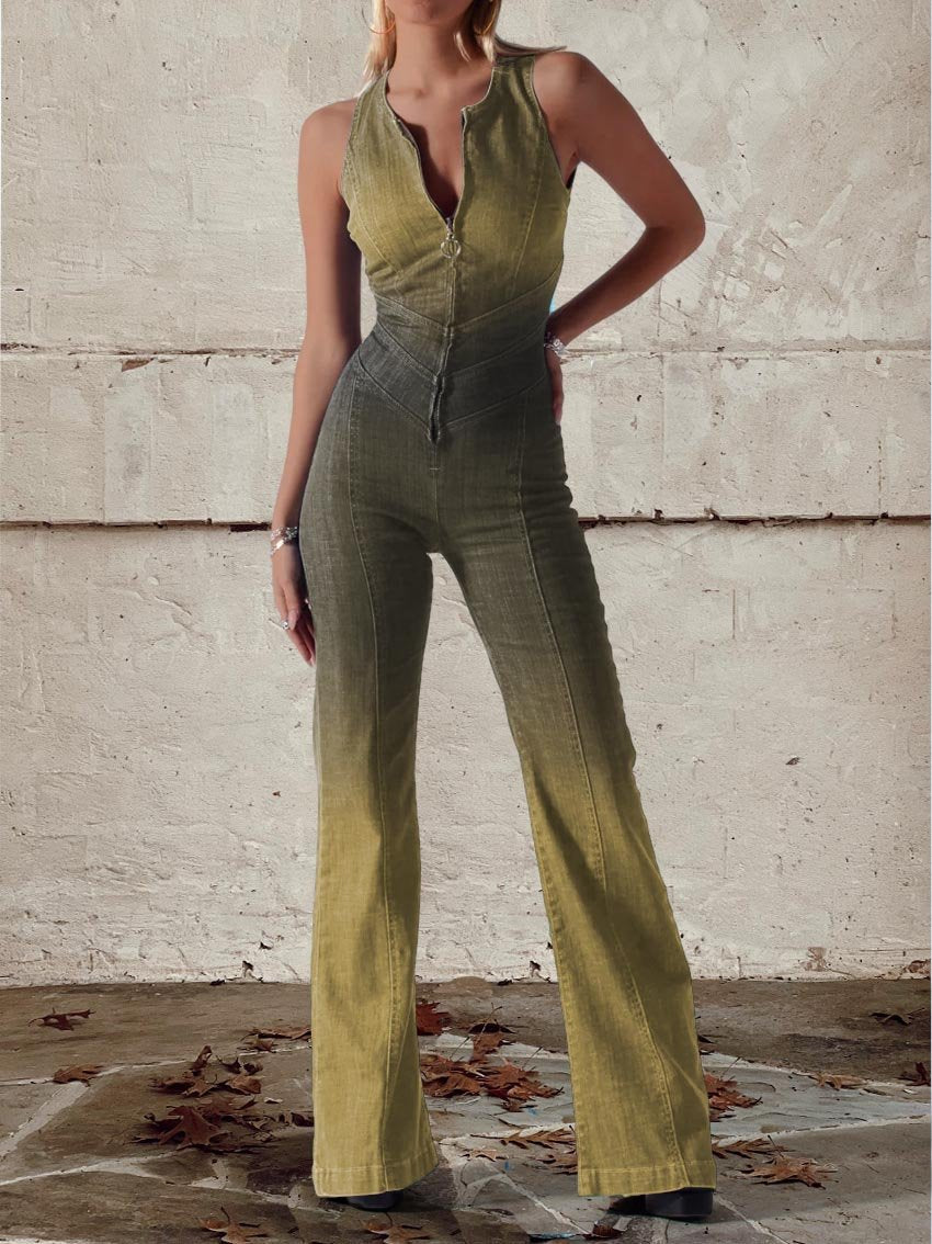 Women's Two-tone Gradient Print Casual Denim Jumpsuit