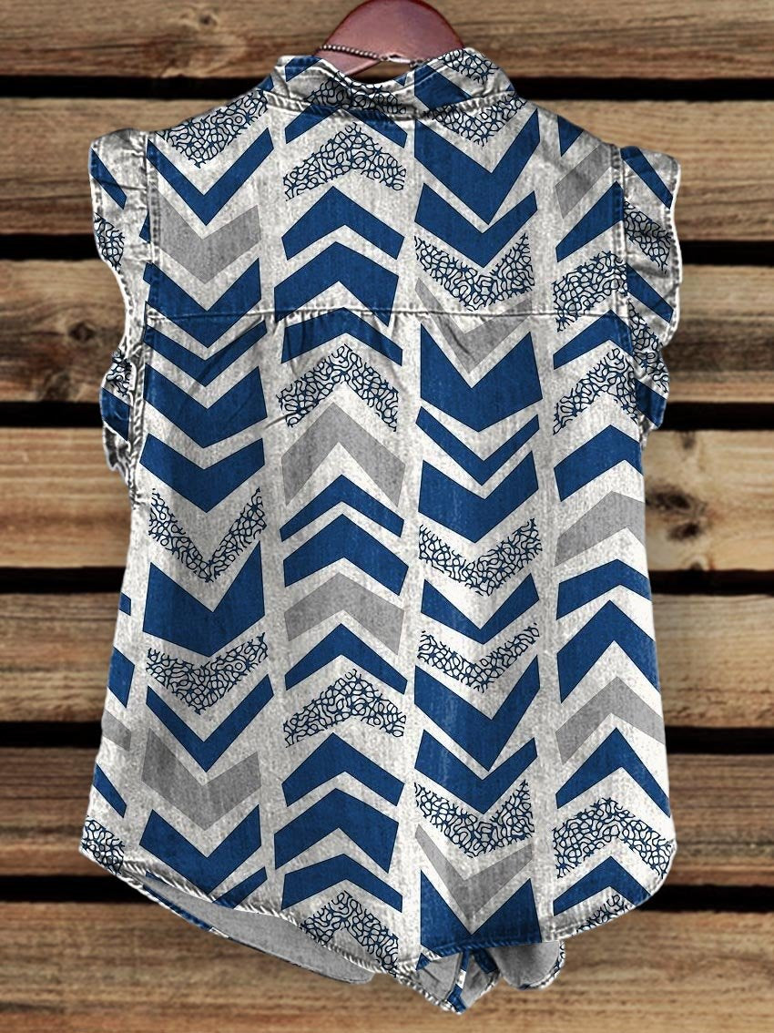 Women's White and Blue Print Ruffle Front Tank Top