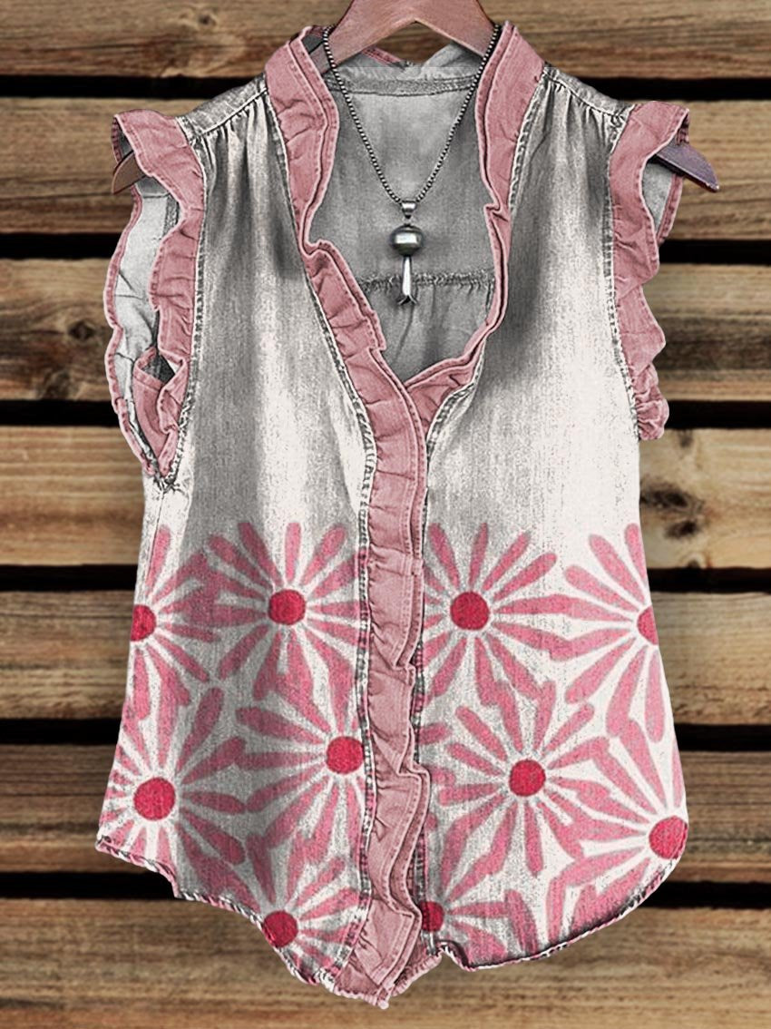 Women's Pink and White Abstract Flowers Print Ruffle Front Tank Top
