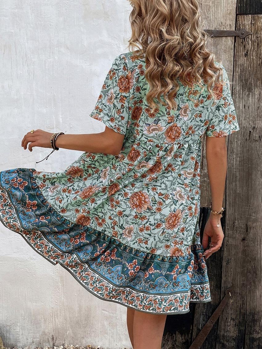 Floral V-neck Loose Casual Bohemian Holiday Dress