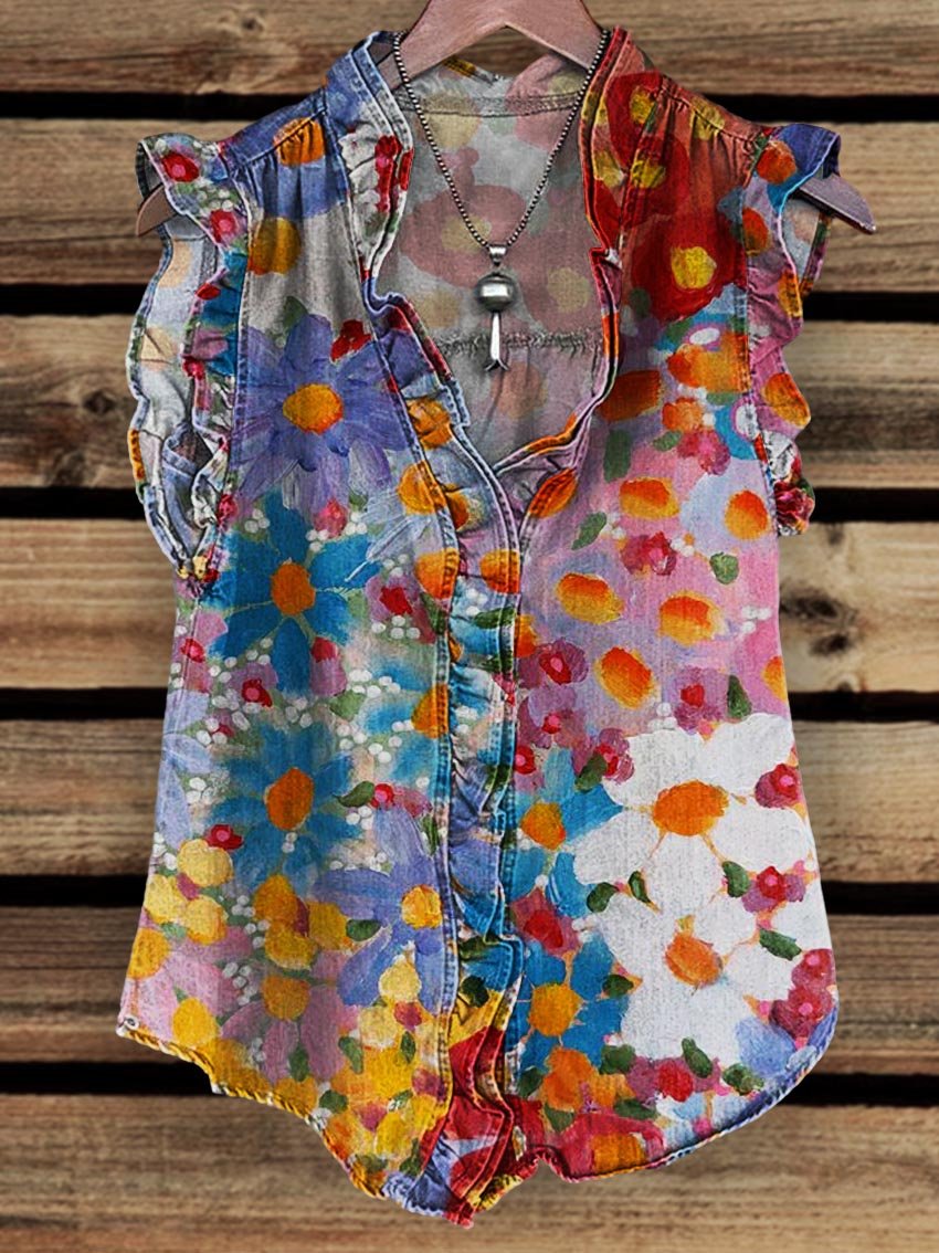 Women's Oil Painting Flower Print Ruffle Front Tank Top
