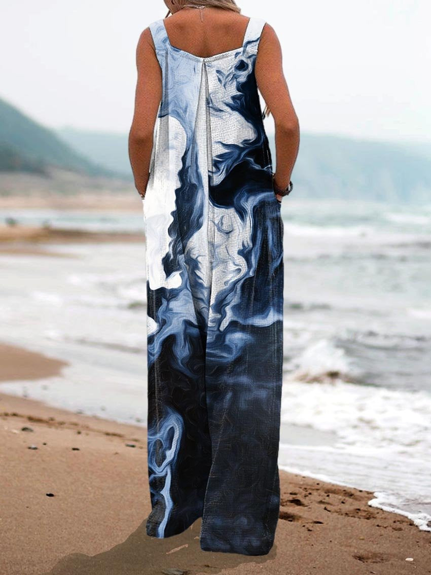Women's Blue, White and Black Ink Print Casual Strap Wide Leg Pants