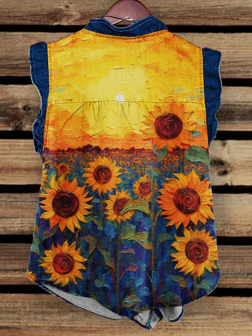 Women's Oil Painting Sunflower Print Ruffle Front Tank Top