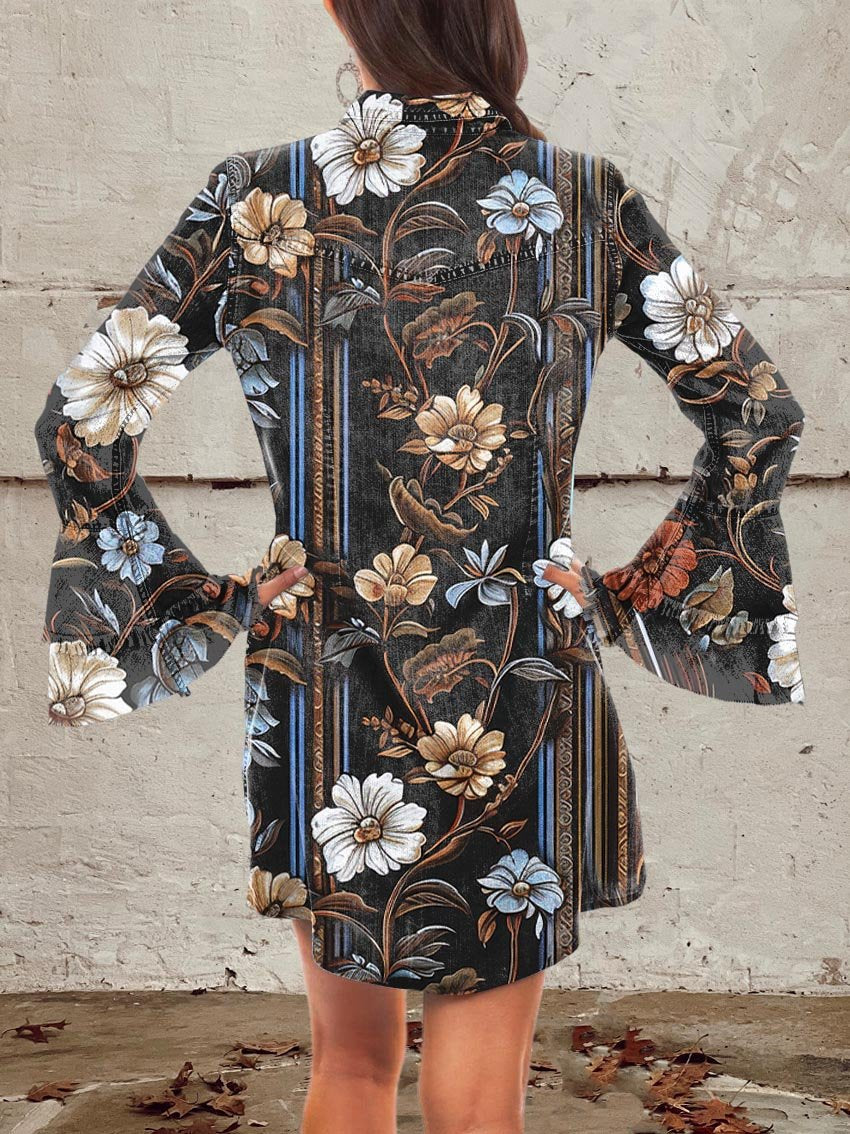 Black Vintage Florals Art Print Denim Bell Sleeve Shirt Dress