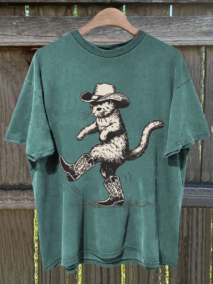 Cute Cowboy Cat Print T-shirt