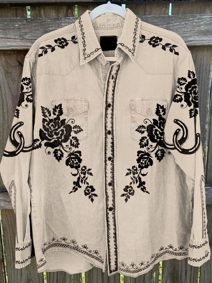 Men's Cowboy Black Lace Vintage Stripe Print Casual Shirt