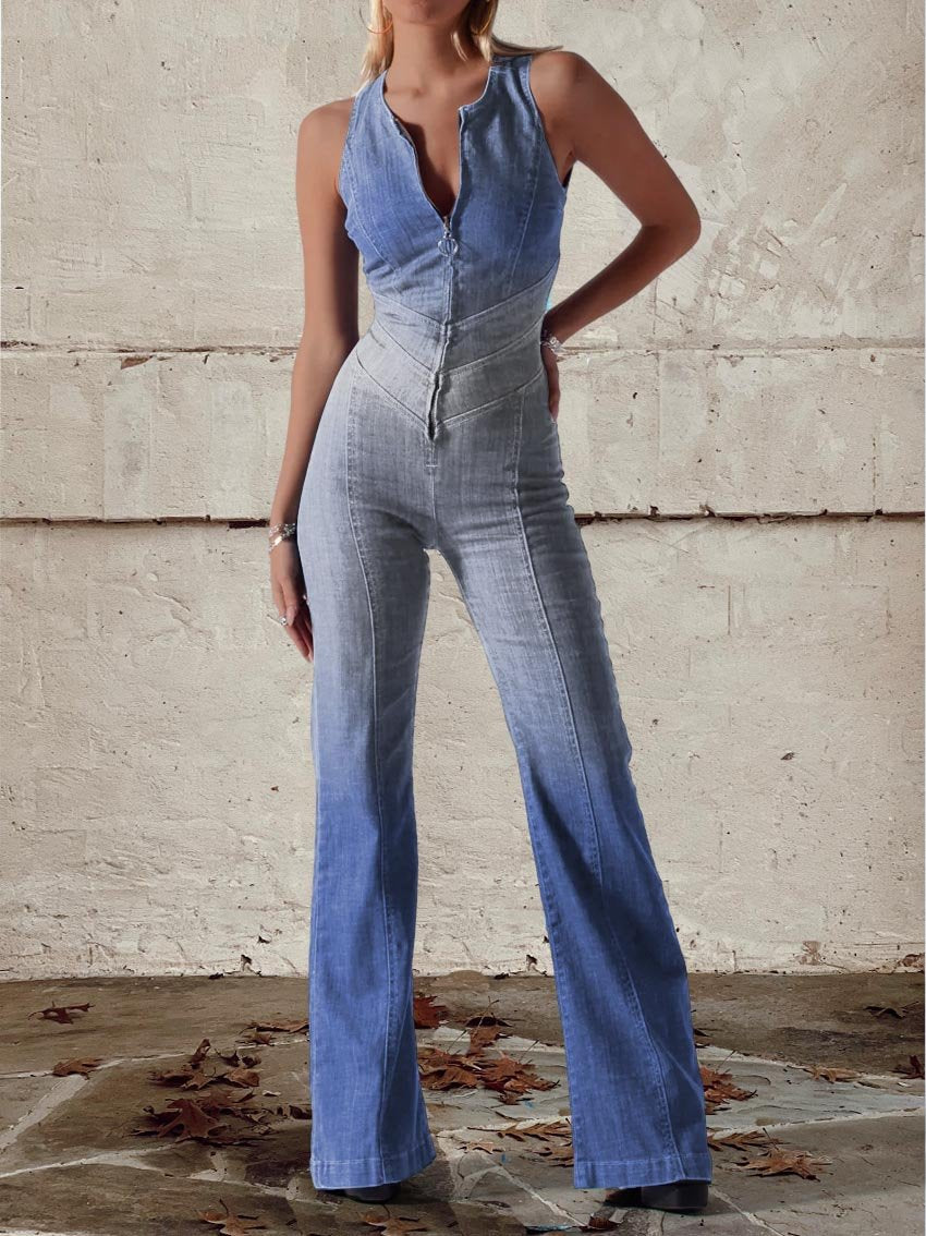 Women's Two-tone Gradient Print Casual Denim Jumpsuit
