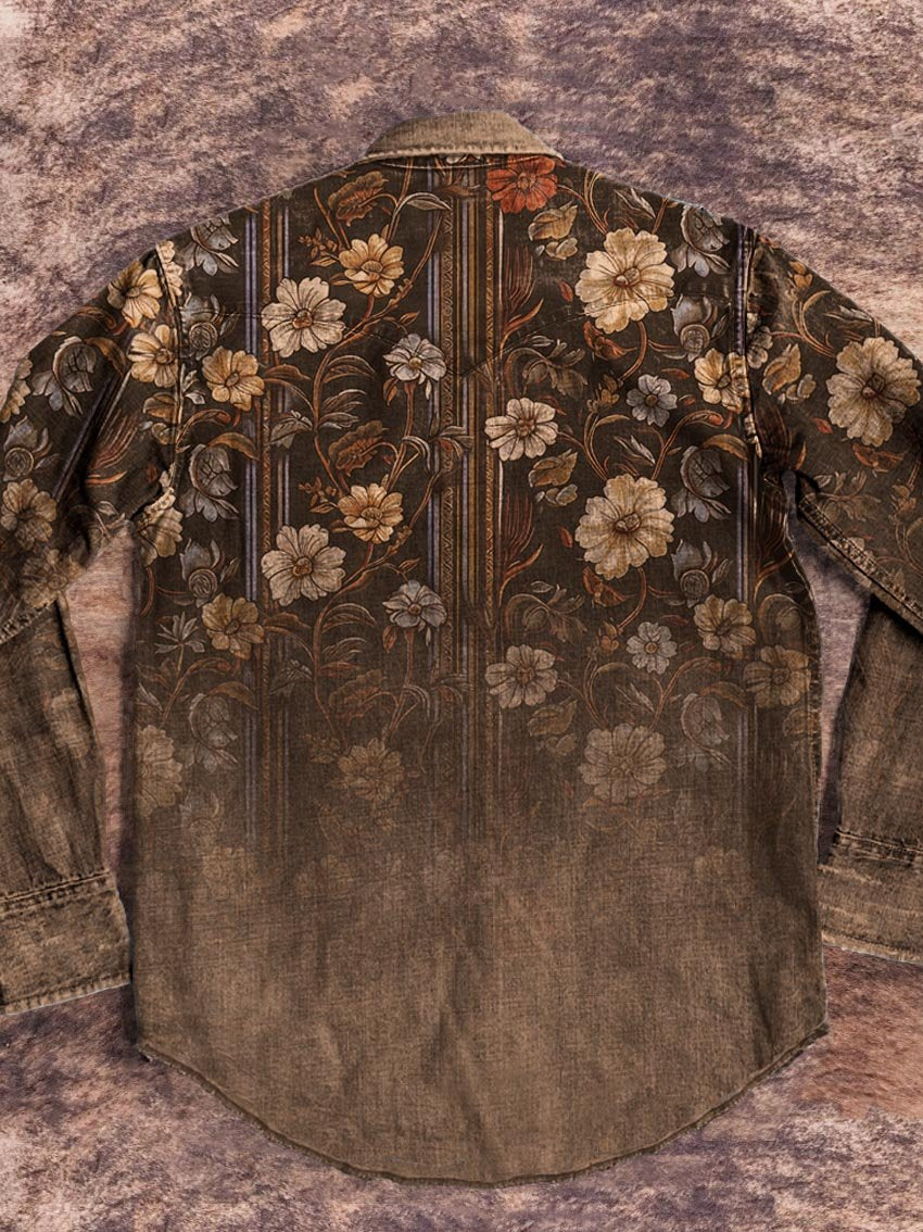 Vintage Brown Flower Print Casual Shirt