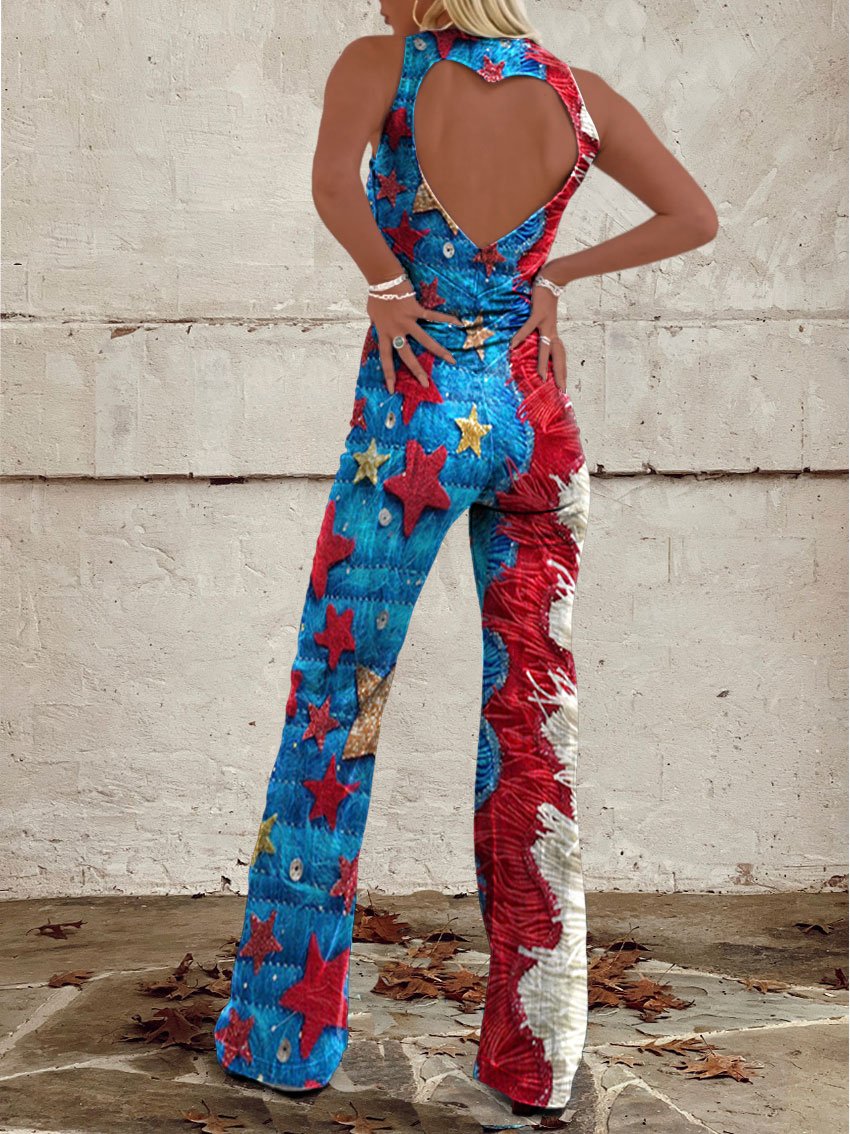 Women's Vintage 4th of July Red White Blue Stars Seamless Pattern Print Casual Denim Jumpsuit