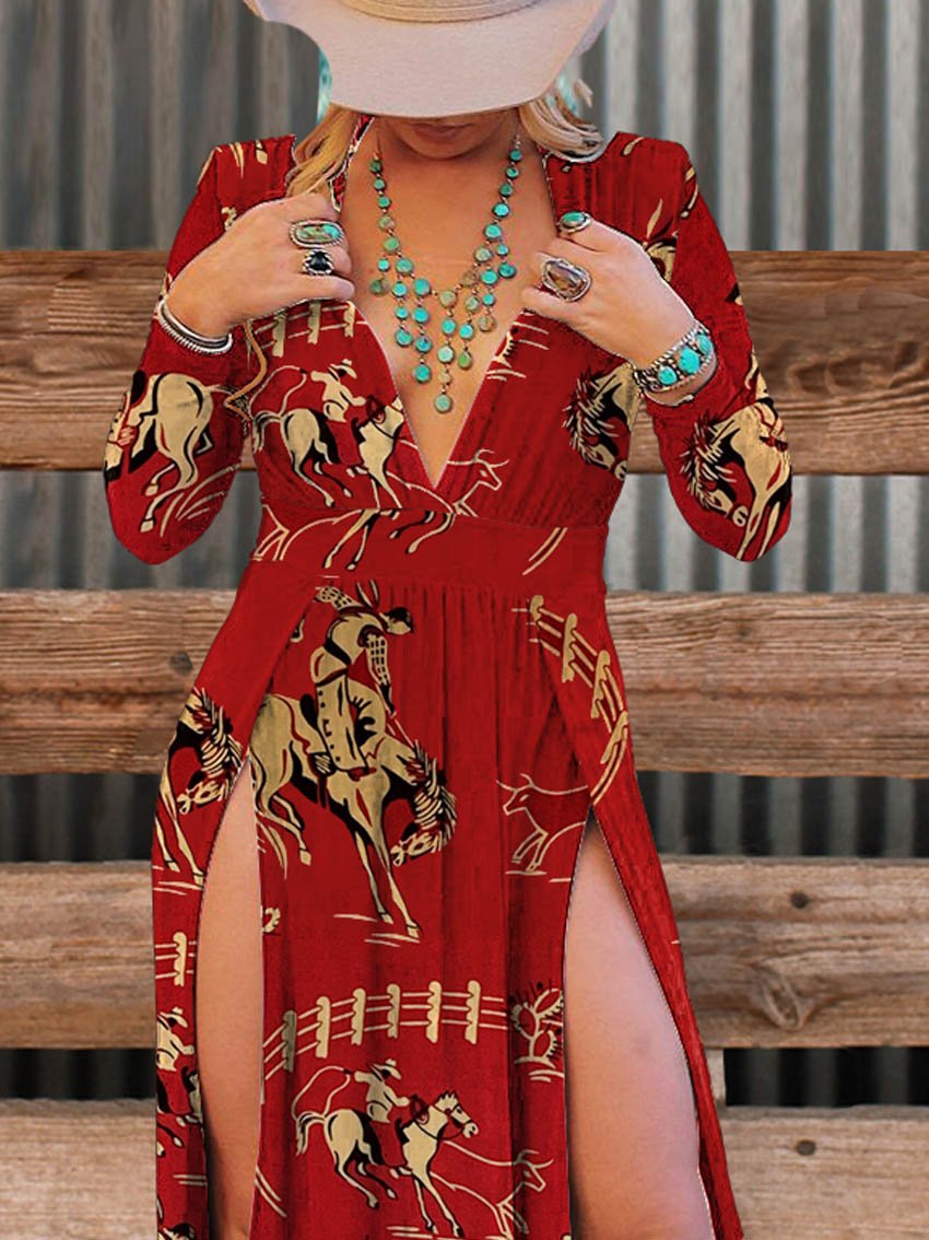 Women's Red Cowboy Slit Deep V Neck Dress