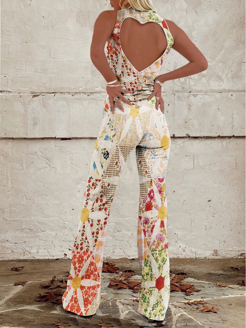 Women's Retro Multicolor Patchwork Flower Print Casual Denim Jumpsuit