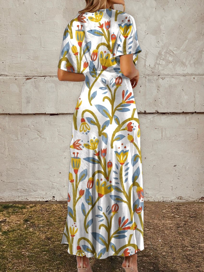 Women's Vintage Flower Print Linen Pocket Tunic Dress