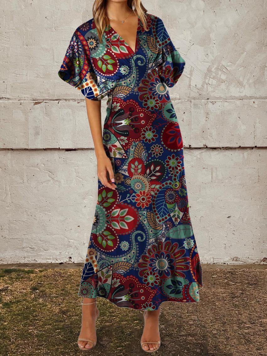 Women's Complex Planar Flower Linen Pocket Tunic Dress