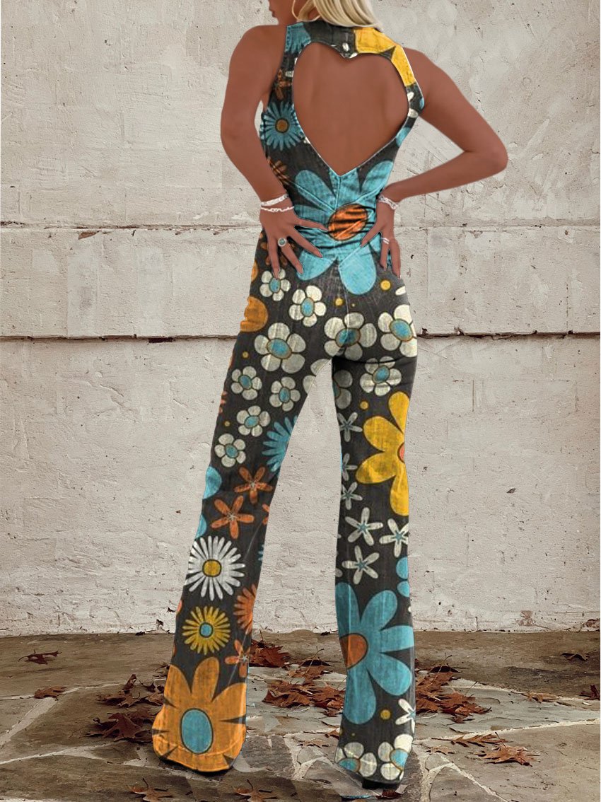 Women's Vintage Print Casual Denim Jumpsuit