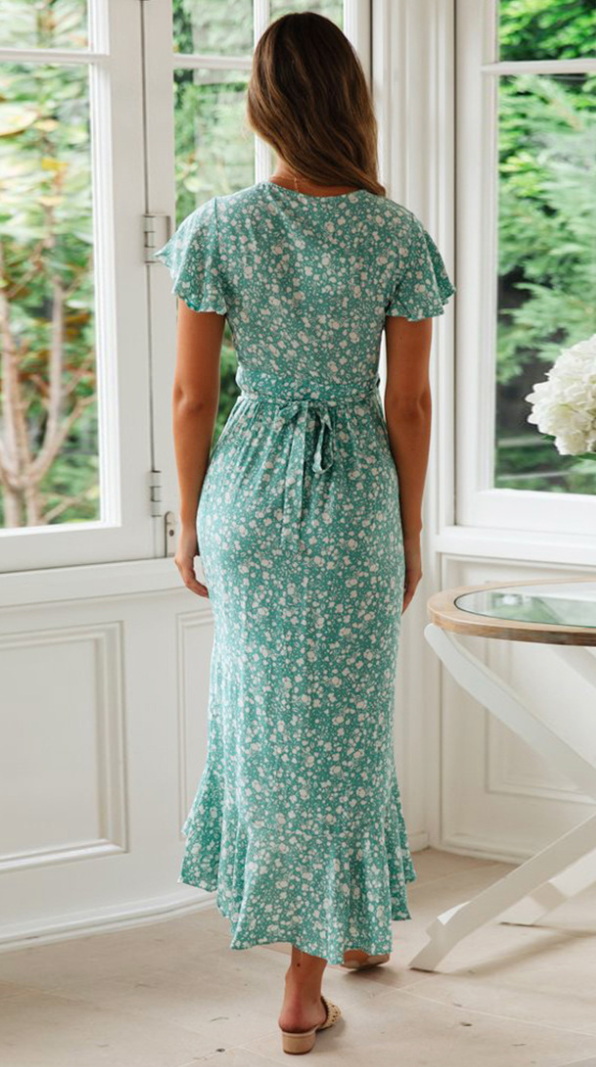 Green Floral Waist-Tie Surplice Hi-Lo Dress