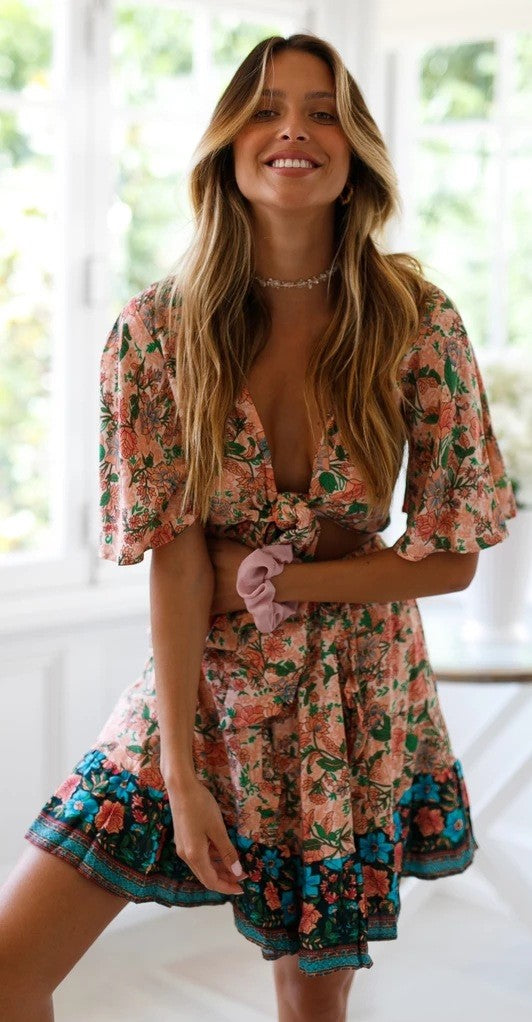 Coral Retro Floral Front Knot Dress